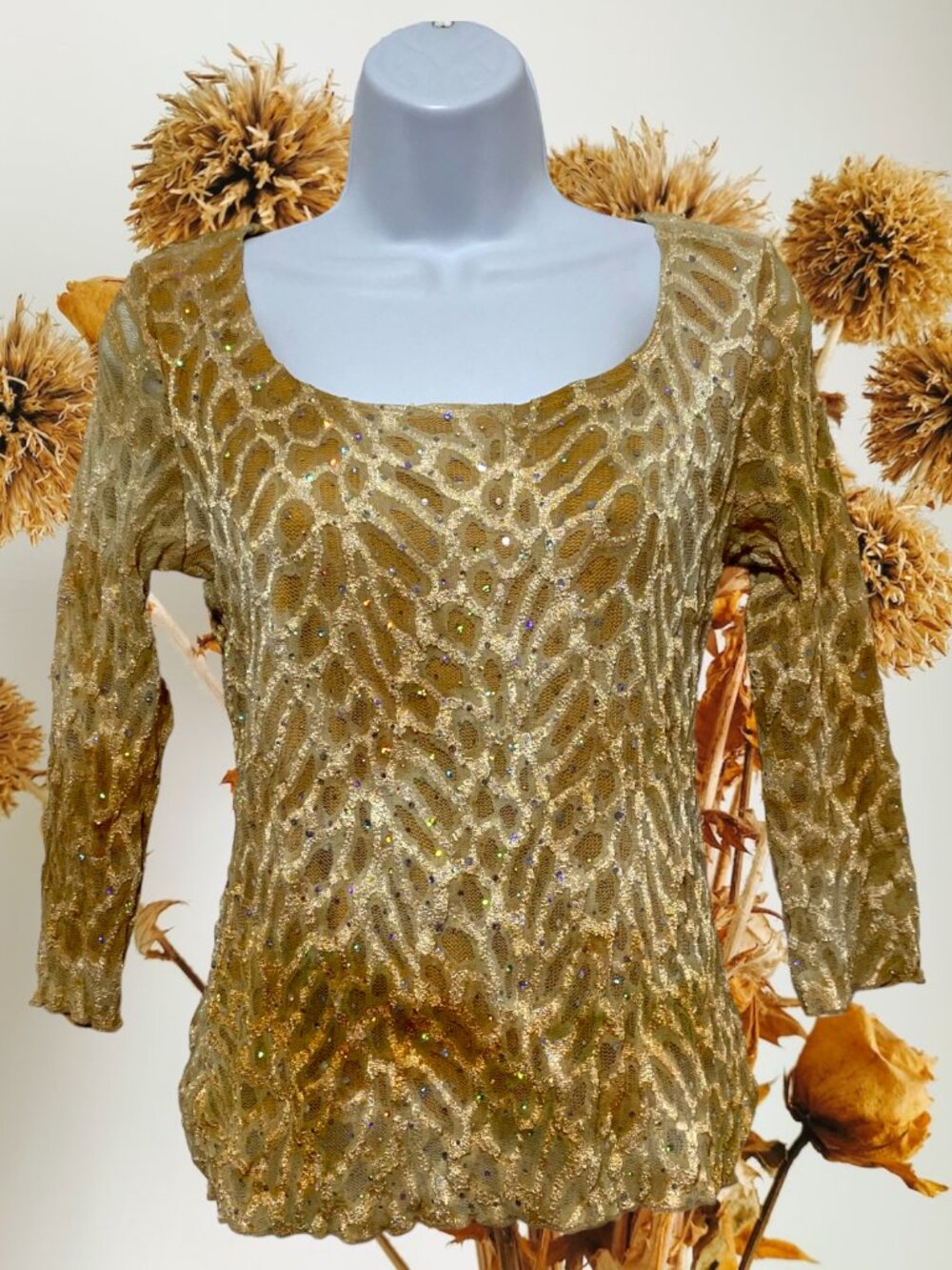 Dressbarn-Women's Small Lined Pullover Top Gold Sparkle Sequins Polyester, Nylon